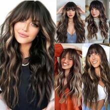 Peluca sintética con flequillo, fibra resistente al calor, mujer, color marrón oscuro con reflejos dorados, onda de agua, postizo para uso diario, fiestas y Halloween