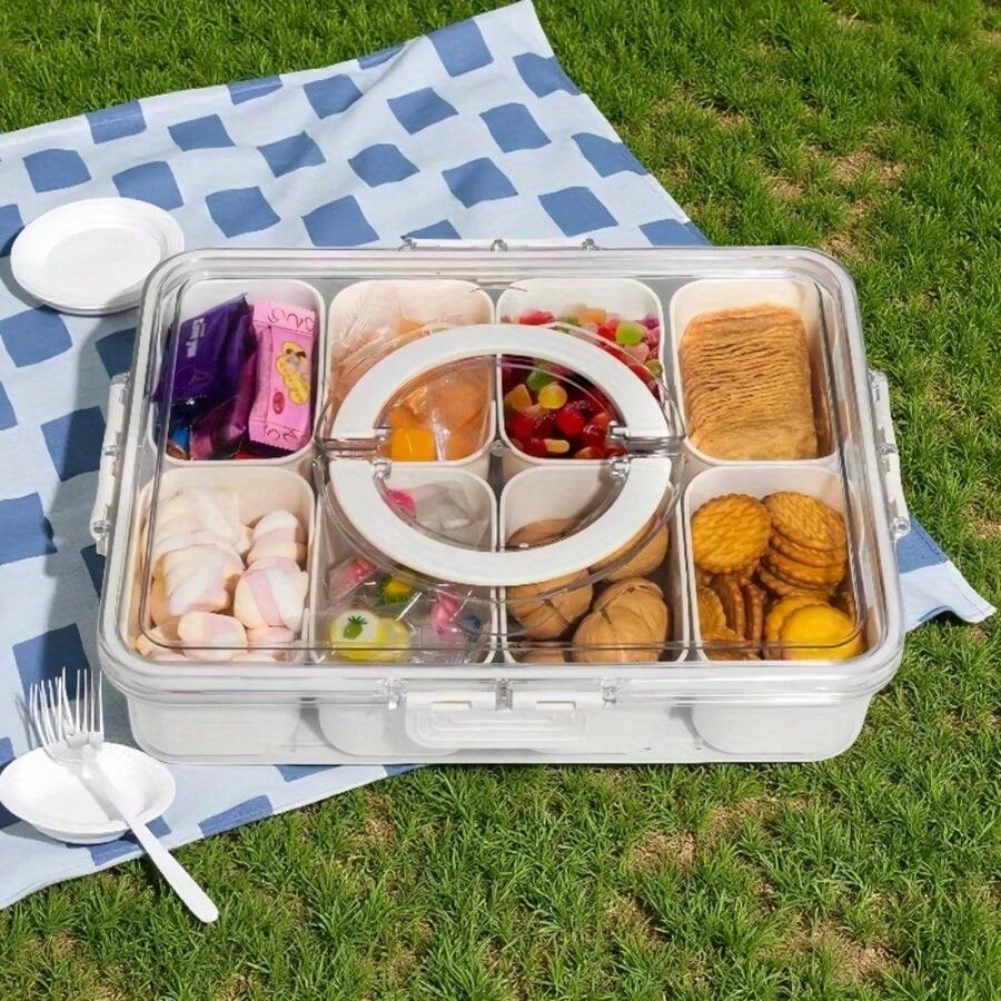 Divided Serving Tray With Lid And Handle,8 Compartments Snacks Box,Snack Fruit And Veggie Tray,Portable Platter For Candy Fruits Nuts Snack Party Entertaining Picnic - Fruit tray - View 1