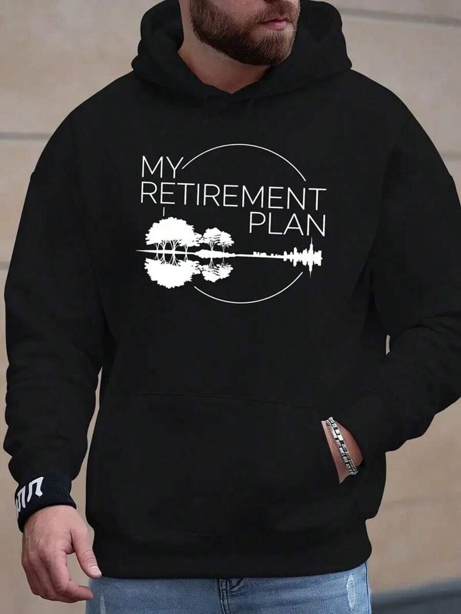 1pc Men'S Casual Pullover Hoodie With My Retirement Plan- Graphic Print, 100% Polyester, Long Sleeve, Winter Knit Sweatshirt With  Pocket,Fall Hoodies,Men's Fall Clothes,Street Wear,Halloween,Mens Hoodies,Y2k Clothes,Jesus Hoodie,Thanksgiving Day,Nightmare Before Christmas,Christmas - 黑色 - 查看 1