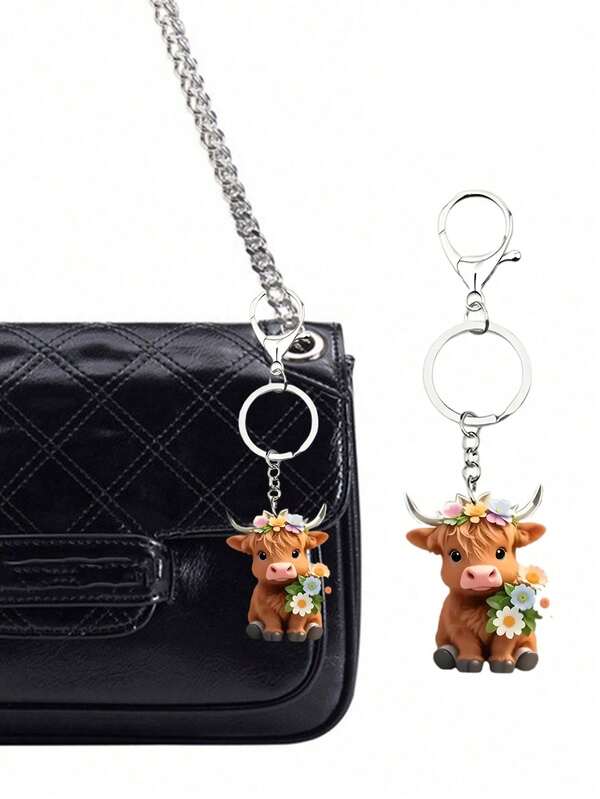 Cute Highland Cow Acrylic Bag Pendant, Yak Pendant With Wreath, 2d Flat Acrylic Decoration, Car Pendant, Cute Calf Cartoon Family Keychain, Bag Decoration, Lobster Clasp Pendant, Cute Yak Pattern, Headphone Pendant, Mobile Phone Case Pendant, Durable Acrylic, Lightweight And Versatile, Can Be Used As A Car Keychain