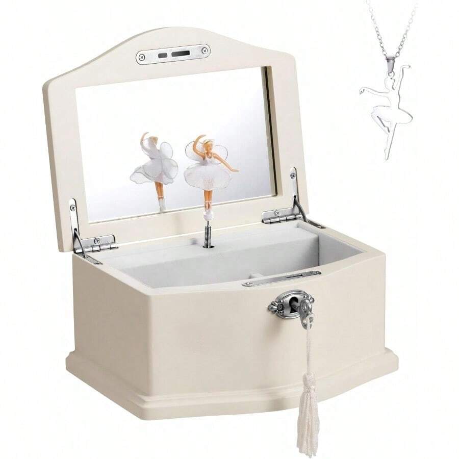Wooden Medium White Musical Jewelry Box With Mirror And Lock For Girls Kid's Jewelry Storage Music BoxGifts For Christmas Birthday And All Holidays