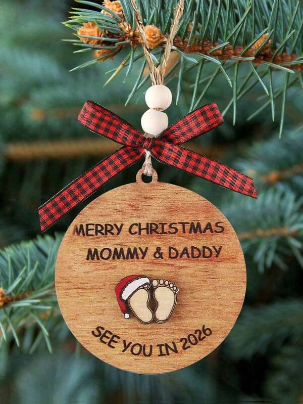 1 pieza Adorno colgante de 9.5cm para el árbol de Navidad con mensaje "Feliz Navidad mamá y papá, nos vemos en 2026", anuncio de embarazo, regalo para padres en espera, regalo de baby shower, adorno de madera con doble capa y láser, con cinta de lazo