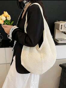 Large Capacity Crochet One Shoulder Tote Bag - Lightweight, Multifunctional Knitted Handbag, Beige, Pink, Brown, Black, Suitable For Travel, Beach, Vacation And Daily Use, Oversized Tote Bag