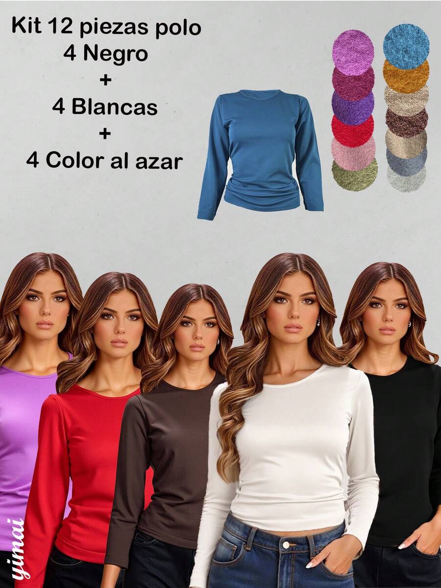 Set de 12 camisetas afelpadas para mujer, multicolor, clásicas y elegantes, colores lisos, sin estampados, tela de poliéster, con interior afelpado ligero, suave y cálido, ideales para temperadas de otoño, invierno e inicios de primavera, cuello redondo, con manga larga. Silueta ajustada para resaltar mejor tu figura. Te llagarán 12 camisetas afelpadas; 4 en color negro, 4 en color blanco y 4 en colores al azar. - Multicolor - Ver 1