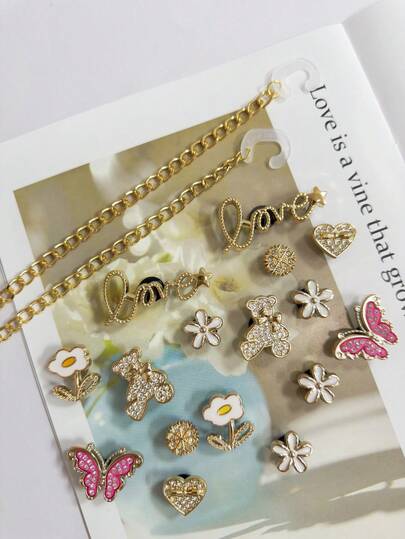 18pcs Detachable DIY Decoration Set, Electroplated Gold Bear, Sequin Pink Butterfly, Flowers, Heart, Love Shoe Charms, Suitable For Perforated Shoes, Garden Shoes, Sandals, Clogs, All Seasons, Great Holiday Gift