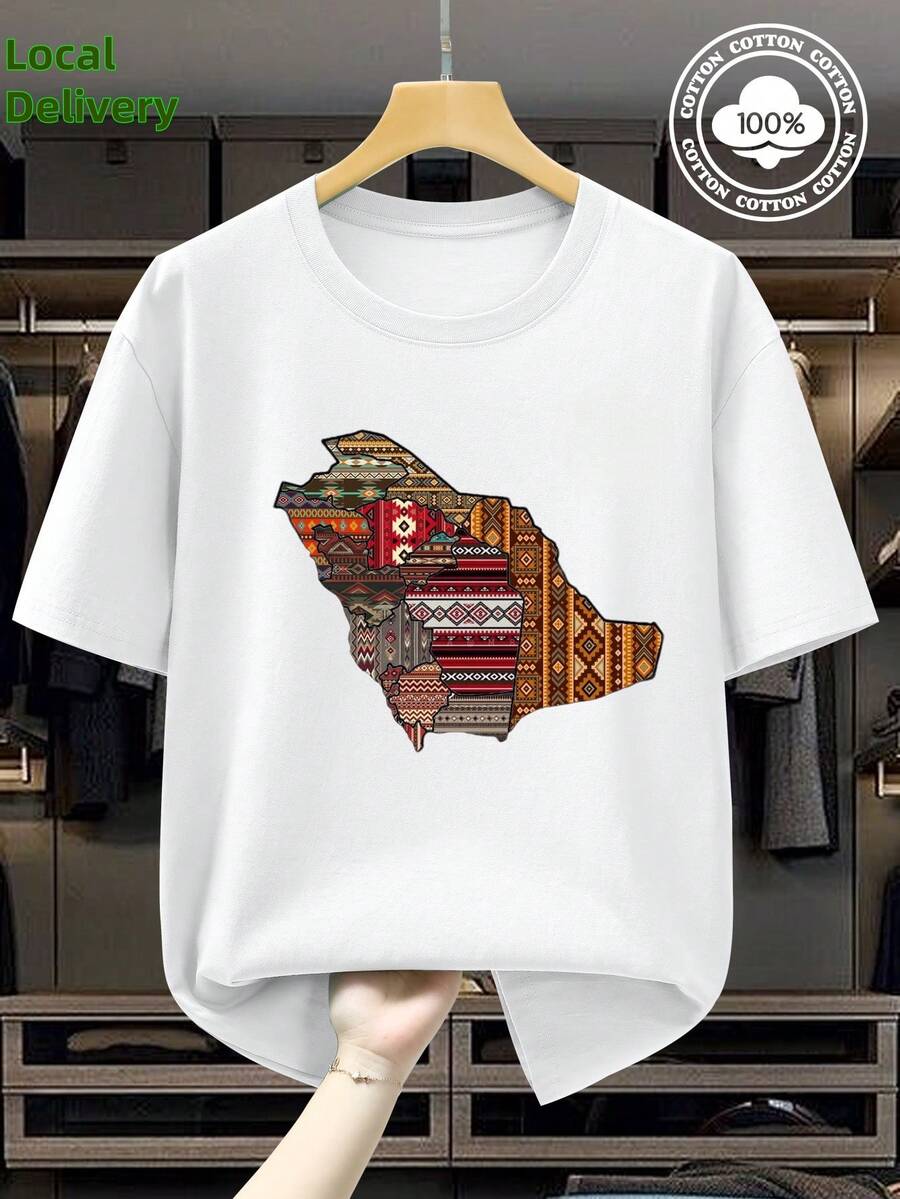 100% Pure Cotton Men's T-Shirt Clothing Shirt Leisure Sports Fitness Saudi Arabia's National Day Men's Clothing National Day Costumes  Green Two Swords And A Palm Tree Festival Gift - 白色 - 查看 1