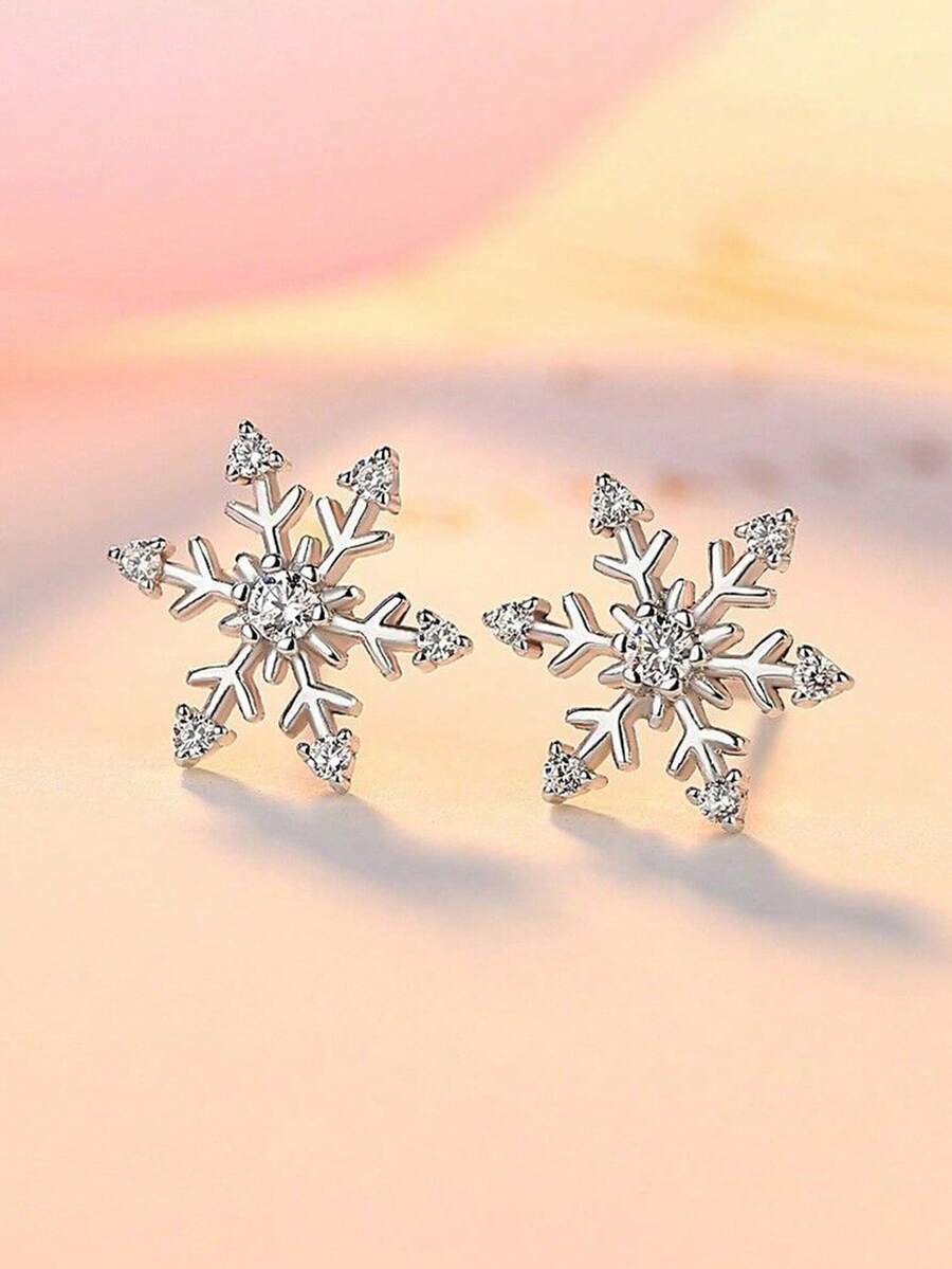 1 par de pendientes de botón con circonita cúbica con diseño de copo de nieve elegante para adolescentes, para fiesta de Navidad, joyería de regalo para niñas el Día de Navidad - 1# - Ver 1