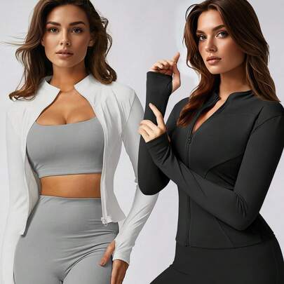 1 Pieza Chaqueta deportiva de mujer de unicolor, de manga larga, con cremallera y ajuste ceñido