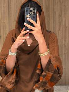 1件女款不對稱紮染復古印花袖口純色長版開襟外套 秋季 - 棕色 - 查看 3