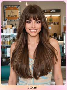 Peluca sintética tejida de 26 pulgadas con ondas rizadas y flequillo, color marrón degradado, para mujeres. Cabello sintético suave y resistente al calor, para uso diario, disfraz de Halloween, festivales y regalos.