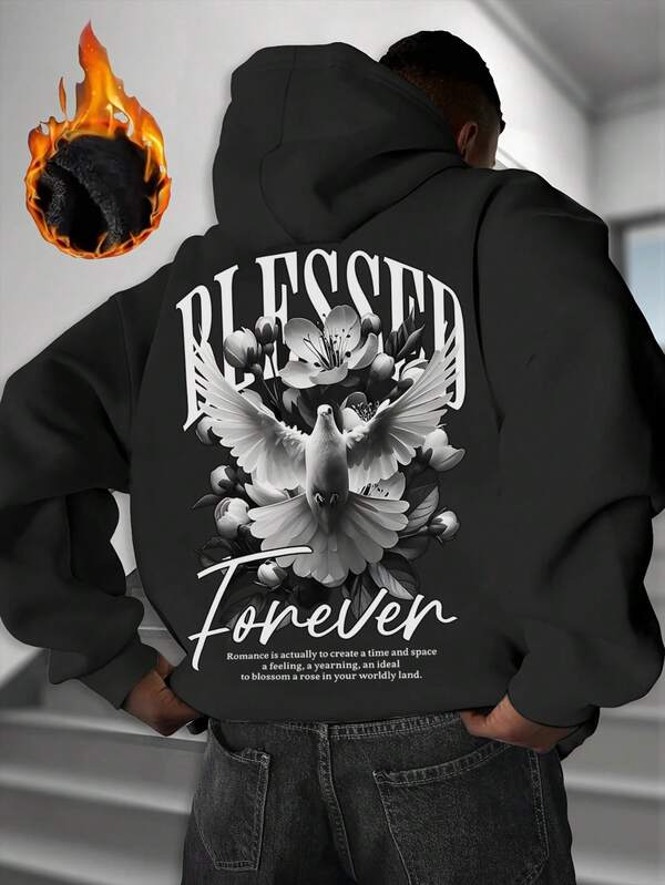 Sudadera con capucha para hombre con estampado de paz y eslogan en inglés, forrada térmicamente, para otoño/invierno