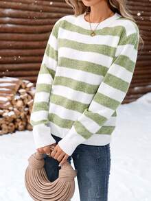 Women's Casual Loose Fit Contrast Color Striped Oversized Sweater, Autumn/Winter