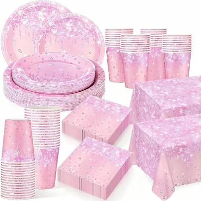 10pcs/20pcs/50pcs,Pink Diamond Glitter Party Supplies Disposable Paper Plate Suit Pink Party Disposable Plate Cup Napkin Tableware Women Birthday Party Bridal Shower Newborn Shower Anniversary Wedding Party Decoration Supplies (Pink)