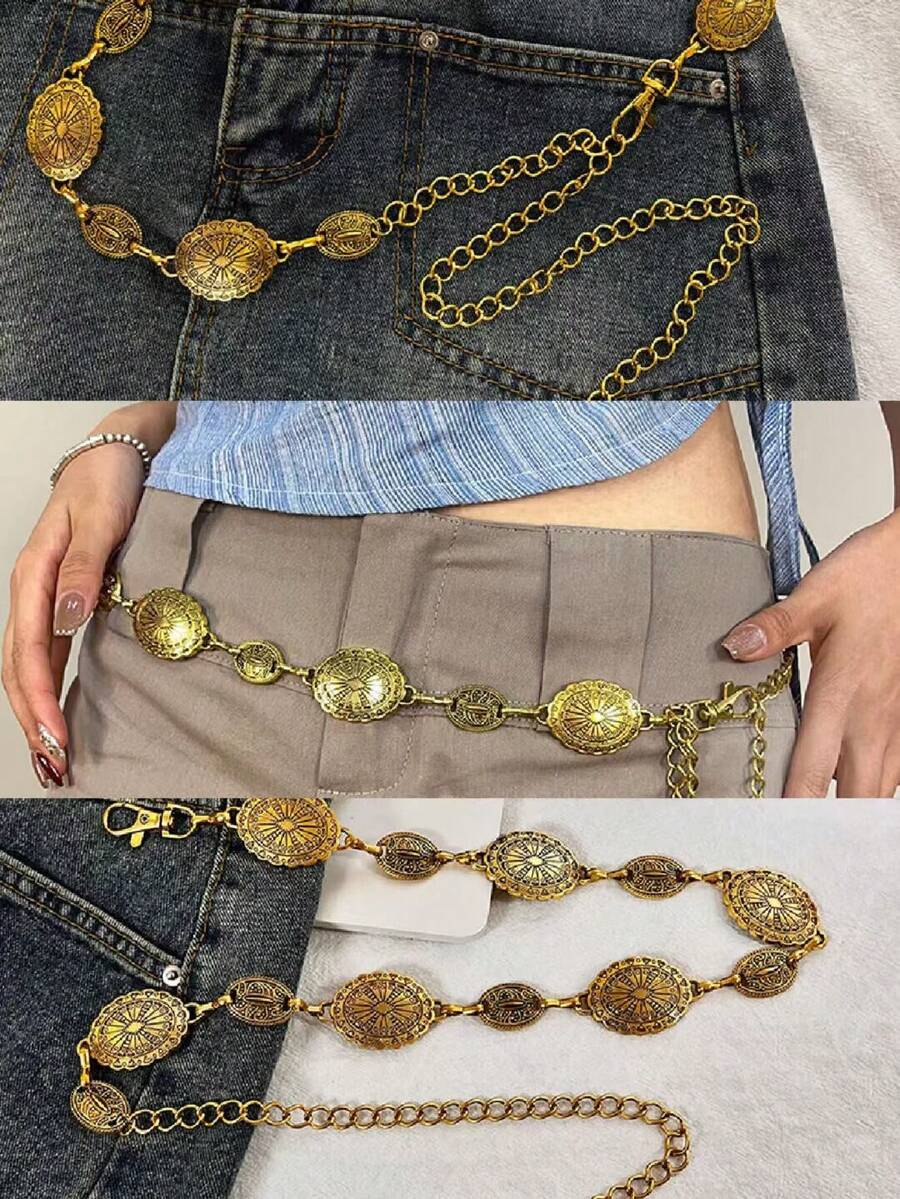 Western Cowgirl Metal Concho Belt - Adjustable Oval Chain Belt, Boho Country Style