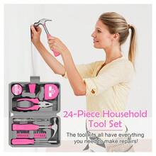 24 Piece Home DIY Tool Kit Pink Home Improvement Tool Set With Hammer, Screwdrivers, Pliers, Wrenches, Tape Measure, Storage Case And More For Household, Office Garage General Repair Small Hand Tool