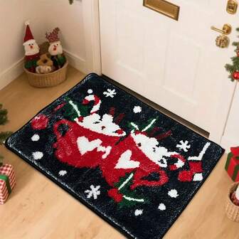 1 Pc Christmas Themed Black Background Cute Coffee Cup Decorative Floor Mat, Imitation Cashmere Material, Super Absorbent, Silicone Non-Slip Backing Carpet - Machine Washable, Very Suitable For Home Decoration Bathroom, Living Room, Bedroom, Indoor And Outdoor Door Mat, Christmas, Valentine's Day And New Year Gifts