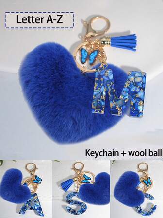 Llavero con letra A-Z, llavero de resina con corazón azul y bola de peluche azul, diseño de corazón, colgante de cadena, decoración colgante para mochila y coche, regalo para mujeres y niñas, regalo del Día de San Valentín, colgante de bolso, Navidad, regalo de fiesta de Halloween, ligero y duradero - ideal para mujeres y niñas, ir y venir, estudiar, vacaciones, picnic, camping, actividades en la playa - regalo perfecto para el Día de la Madre, , cumpleaños