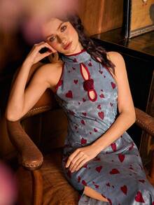 Faeriesty ​Women's New Chinese Style Cheongsam: High Neck & Sleeveless Design With Hollow-Out Neckline & 3D Floral Applique. Elegant Attire For Gala Dinners, Red Carpet Events, Wedding Receptions, Year-End Galas, And Formal Evening