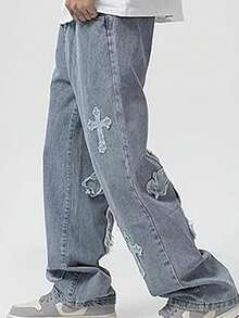 China-Chic High Street Cross Patch Jeans Male Hip Hop Ruffian Shuai Fried Street Straight Tube Loose Leg Pants - Màu xanh lam - Xem 2