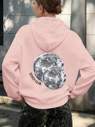 Disco Element, Women's Hundred Light Gray Drawstring Hoodie Loose Fit Casual Street Sports Style Women's Autumn And Winter New Curve Oversize Sweatshirt Sweatshirt