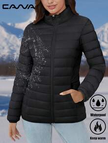 Cavva 女式羽绒夹克防水防风轻便绗缝内衬拉链休闲冬季保暖服装带 4 个口袋徒步露营工作，抓绒 - 黑色 - 查看 3