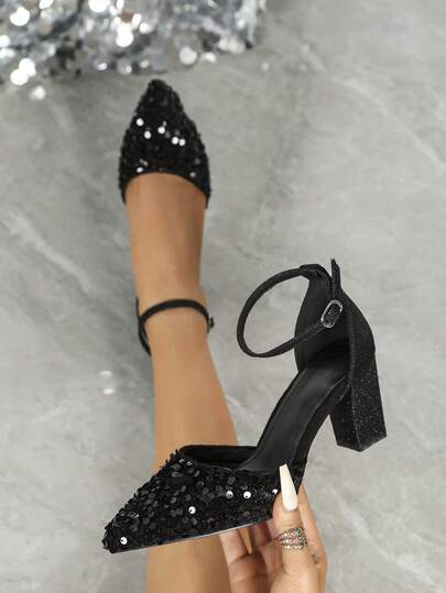 女士尖头粗跟高跟鞋，简约经典镂空踝带一脚蹬正装鞋，优雅闪亮黑色派对高跟鞋