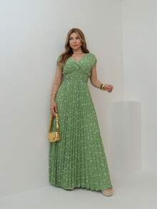 Women's Floral V-Neck Long Dress - Elegant And Comfortable For All Occasions Gloria W&Y Women's Fashion - màu xanh lá - Xem 1