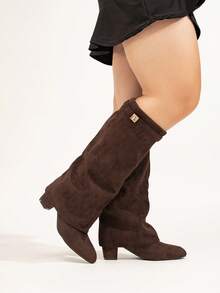 女士时尚宽楦仿麂皮高筒靴，可折叠靴筒，粗跟，棕色靴子，性感户外过膝长靴，宽楦高跟鞋，宽楦设计 - 絨布 棕色 - 查看 6