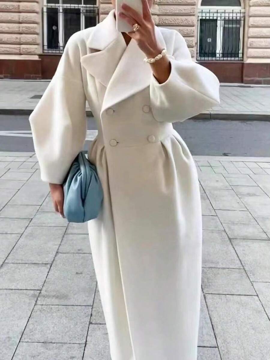Winter And Autumn Vintage Lantern Sleeve Long-Fitted Wool Coat With A Wide Collar, Long Coat For Women - 白色 - 查看 1