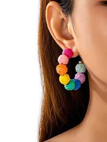 Colorful Raffia Hoop Earrings, Handmade Boho Style Woven Earrings, Summer Vacation Accessories - Multicolor - View 1
