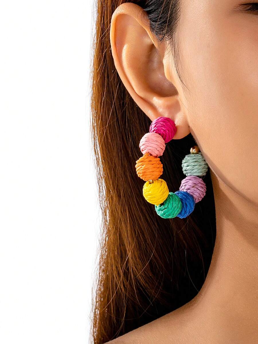 Colorful Raffia Hoop Earrings, Handmade Boho Style Woven Earrings, Summer Vacation Accessories - Multicolor - View 1