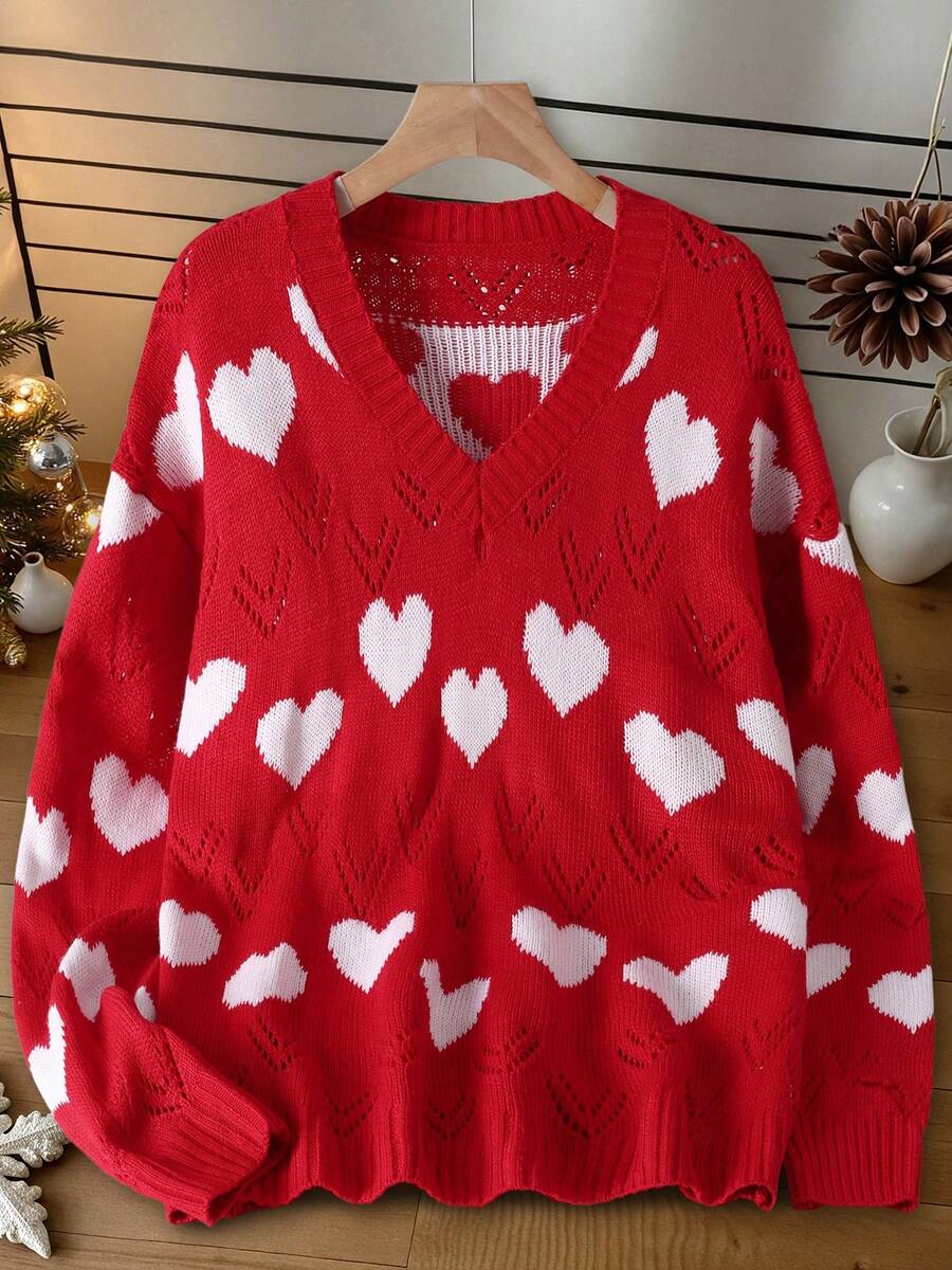 Women's Plus Casual Comfortable Romantic Vintage Modern Commute Office Teacher Minimalist Hollow V-Neck Knit Sweater, Suitable For Home, School, Vacation, Date Night, Holidays, Daily Wear, Travel, Country Music Concerts, Christmas, New Year, Airport, Spring, Autumn, Winter