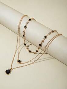 imoli 2pcs/Set Minimalist Rhinestone Tassel Chain Pendant Necklace Set, Layered Geometric Floral Charm Necklace, Casual Party Gift (Handmade Chain, Customized Rhinestone Quantity) - 23931-nek-black-3 - View 4