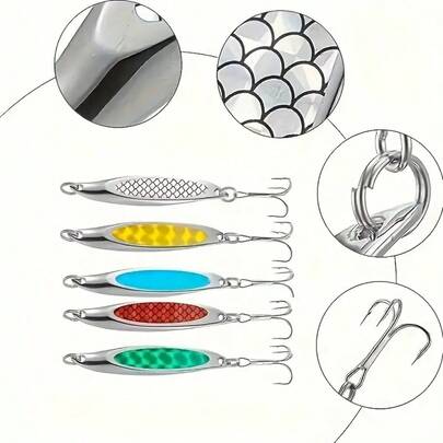 5 Pieces Of Diagonal Sequined Flash Bait, Iron Plate Metal Sequined Bait With Three Hooks, Suitable For Long-Distance Throwing Luya Hard Bait On The Shore, Suitable For Fishing Bass And Trout.