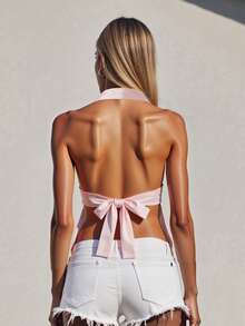 Womens Halter Tank Tops Summer  Solid Color Slim Fit Backless Deep V Neck Sleeveless Shirt - Pink - View 5