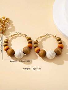 1 Pair Women Wooden Bead Hoop Earrings, Suitable For Daily Wear, Autumn/Winter