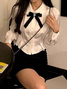 女士白色蝴蝶结衬衫，甜美学院风蕾丝拼接上衣，圆领短款衬衫，适合办公室和休闲场合，春夏款 - 白色 - 查看 3