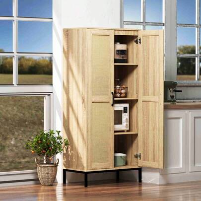 Tall Kitchen Pantry Storage Cabinet, Freestanding Storage Cabinet With 2 Rattan Doors And Adjustable Shelves Autonomous Sideboard  Accent Cabinet For Home Decor,Kitchen, Dining Room, Bathroom