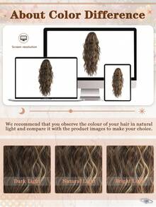 18英寸多层马尾接发，爪夹式马尾蓬松浓密水波纹假马尾假发，柔软自然，适合女性（棕色带焦糖金挑染）接发 - 間色 - 查看 9