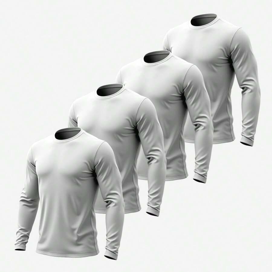 Kit 4 Men's Long Sleeve Cotton Round Neck T-Shirt - White - View 1