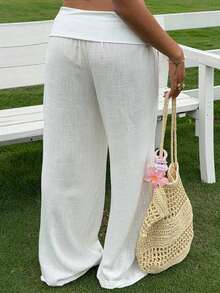Women Pants - Loose Wide Leg Straight Leg Solid Color - 卡其色 - 查看 3