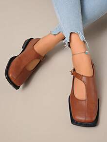 2025新款时尚女士珍珠漆皮复古方头玛丽珍平底鞋，百搭春秋乐福鞋，2025新款热销女士平底鞋 - 棕色 - 查看 2