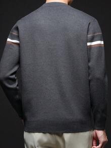 Men's Autumn/Winter Round Neck Striped Sweater, Stand Collar Business Casual Knit Pullover, Comfortable For Party, Home Wear, Long Sleeve Top - Grey - View 8