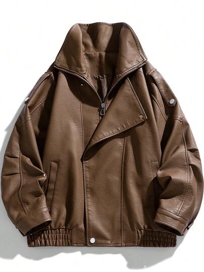 Men's Biker Style PU Leather Motorcycle Long Sleeve Jacket, Classic Lining, Heavy Duty Zipper Closure, Smooth Interior, Asymmetric Front Design, Streetwear Vintage Style, Tough Outdoor Riding Gear, Metal Hardware Details, Lightweight Comfort Fit