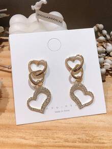 1 Paar kreative, komplett mit Strass besetzte, Cut Out herzförmige Ohrringe, modische hochwertige tropfenförmige lange Ohrringe