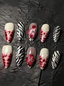 Uñas postizas hechas a mano de estilo corto-3D con flores, uñas postizas de almendra de tamaño mediano hechas a mano con puntas francesas, uñas acrílicas falsas gruesas con diseños de lunares, flores y estampado de cebra para el otoño. Incluye: 10 piezas, 1 pieza de pegamento de gelatina y 1 lima de uñas