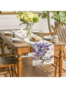 Lavender Leaves Printed Sweet Home Summer Tablecloth, Seasonal Spring Kitchen & Dining Table Decoration For Home Parties - Purple - View 10