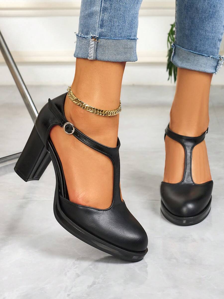 女士厚底圆头防水厚底皮革金属扣后系带休闲鞋