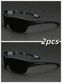 POLASUP 2副男士夏季偏光镜片环绕式运动骑行眼镜，彩色科幻几何图案时尚配饰，带字母，沙滩热带树叶印花混合金属镜框聚碳酸酯防碎渐变镜片太阳镜，适合街头、度假、户外、通勤（附赠挂绳和清洁布） - 2set(黑框/全灰)(不含盒子) - 查看 8