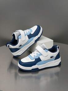 1 Pair Kids Mid-Top Sneakers, PU Leather, Indoor/Outdoor Casual Running Shoes, Easy Slip-On, Non-Slip, Breathable, Comfortable, Fashion, Retro Style, Color Blocking - Blue - View 2